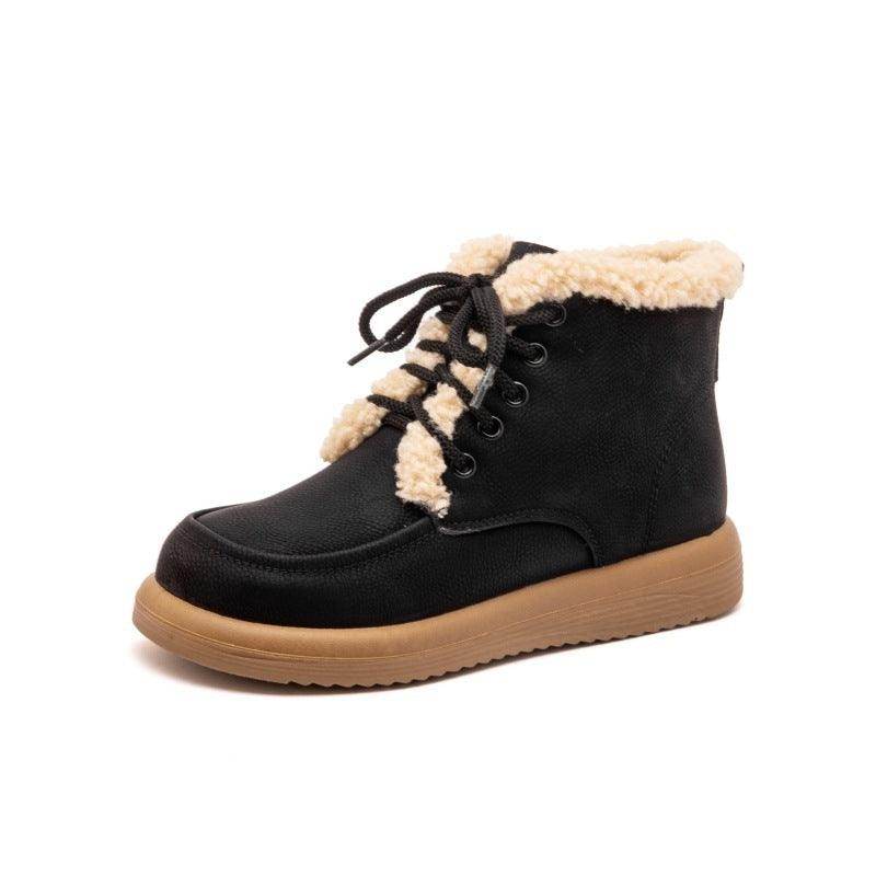 Lace-up Plush Snow Boots Winter Warm Fleece Flat Shoes For Women Fashion Casual Ankle Boot - Magellan Fashion Shop