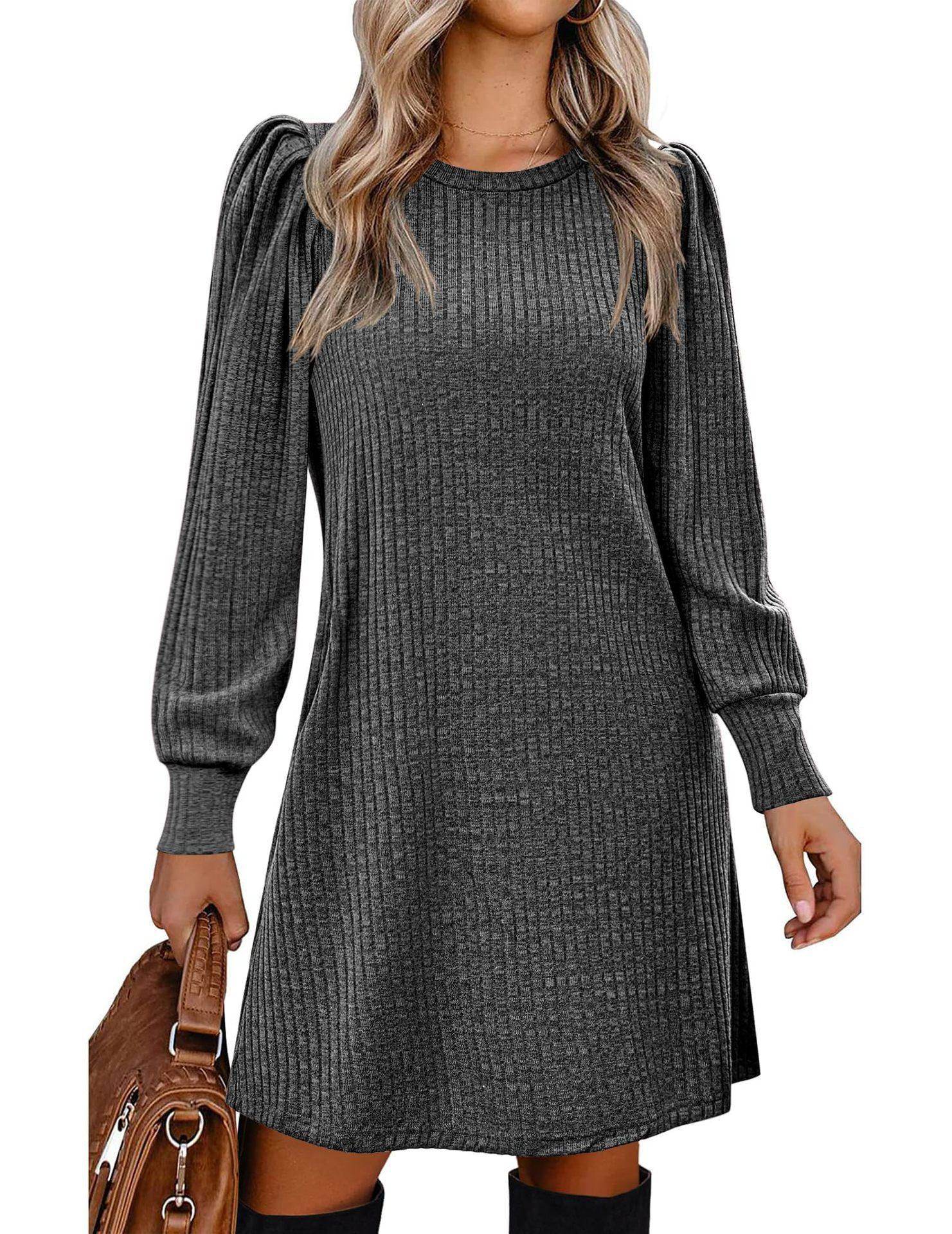 Women's Knitted Puff Sleeve Casual Loose Dress - Magellan Fashion Shop