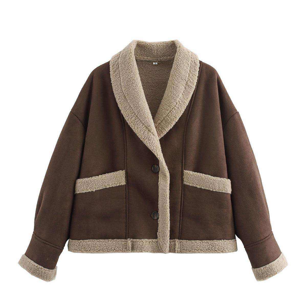 Lapel Woolen Coat With Pockets Winter Fashion Loose Suede Short Top Women's Clothing - Magellan Fashion Shop
