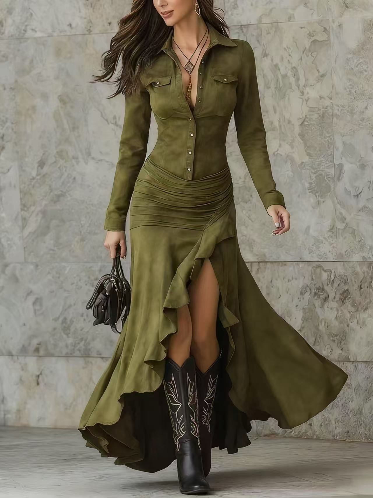 Slim-fit Zipper Stand Collar Split Long Dress