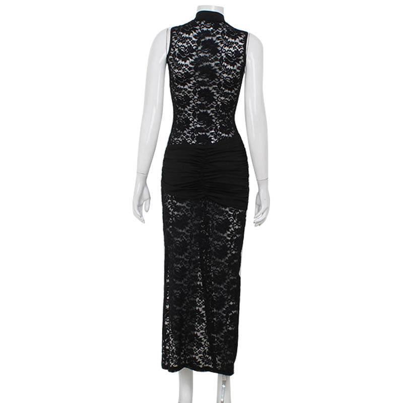 Sexy Hollow Out Lace Sleeveless Slim Fit High Slit Dress - Magellan Fashion Shop