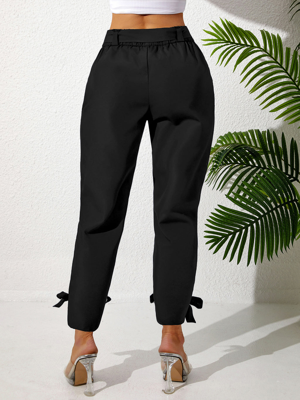 Solid Color Temperament Leg Tie Wooden Ear Trim Casual Women's Pants