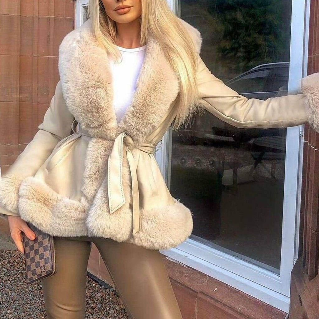 Fashionable Fur Collar Lace-up Waist Leather Coat - Magellan Fashion Shop
