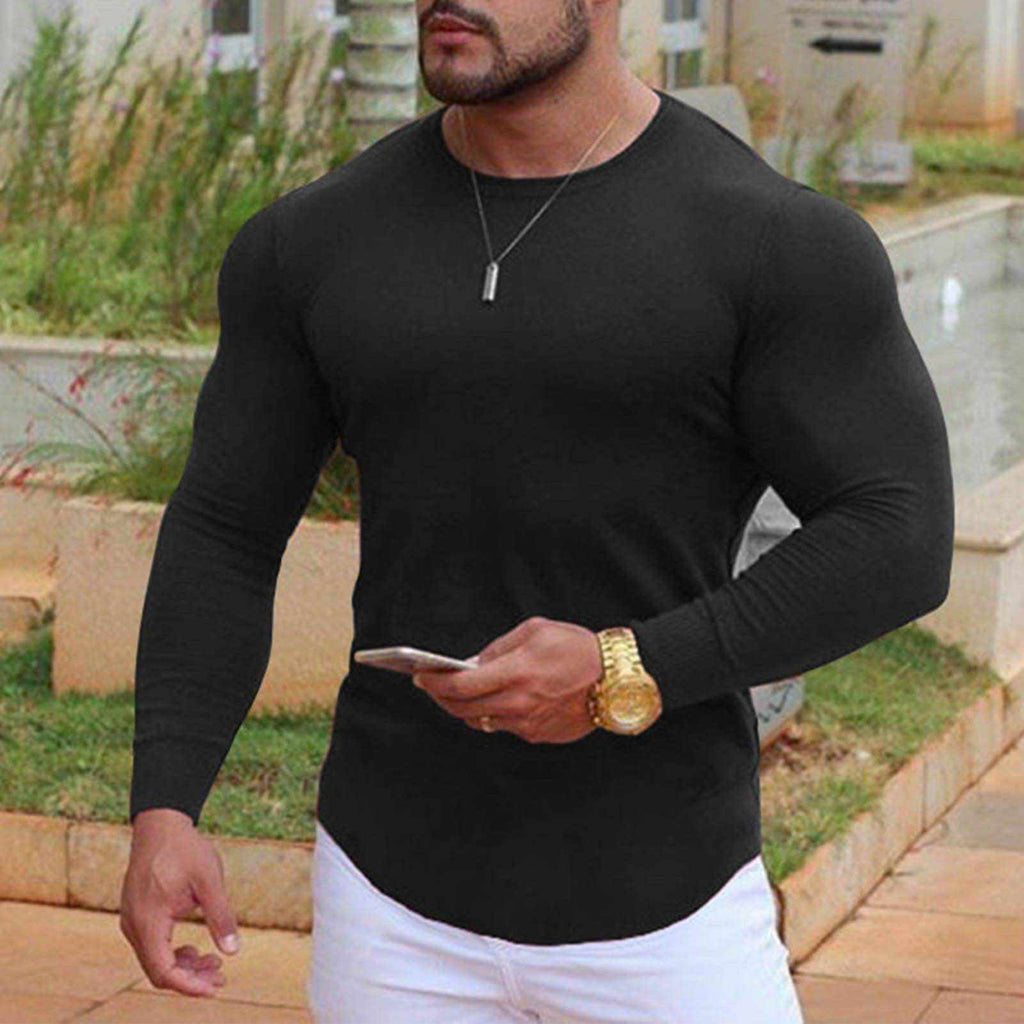 Men tight top black long sleeve elastic quick drying cotton blend fitness shirt XXL