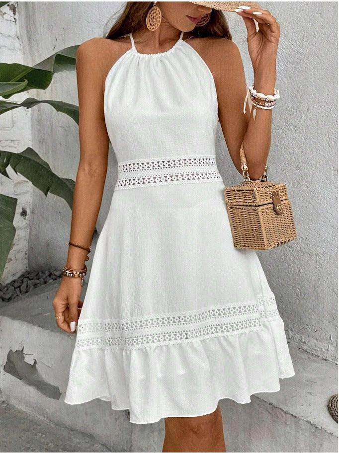 Solid Color Hollow Lace Stitched Backless Halter Lace-up Mini Skirt - Magellan Fashion Shop
