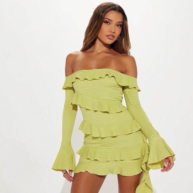 Fashion Tube Top Off Shoulder Ruffled Flare Sleeve Dress - Magellan Fashion Shop