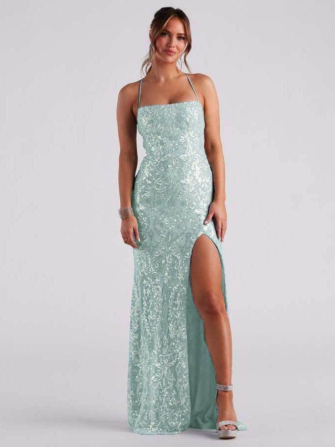 Off-neck Sequined Floor-length Evening Elegant Slit Banquet Party Dress - Magellan Fashion Shop