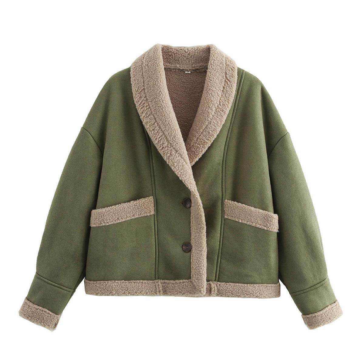 Lapel Woolen Coat With Pockets Winter Fashion Loose Suede Short Top Women's Clothing - Magellan Fashion Shop