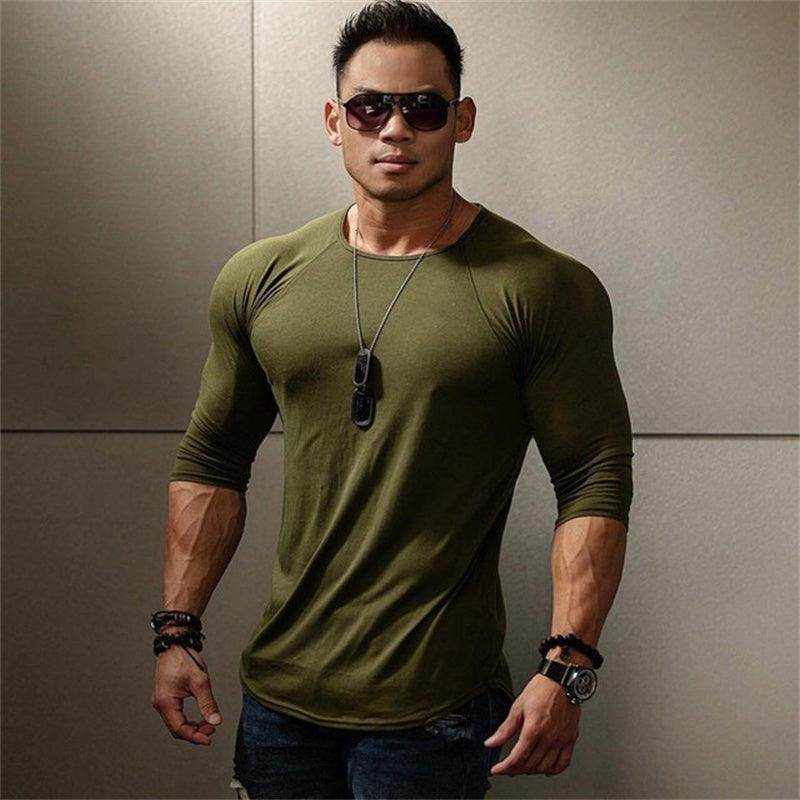 Men's slim fit long sleeve quick dry gym workout t-shirt with round neck in cotton blend