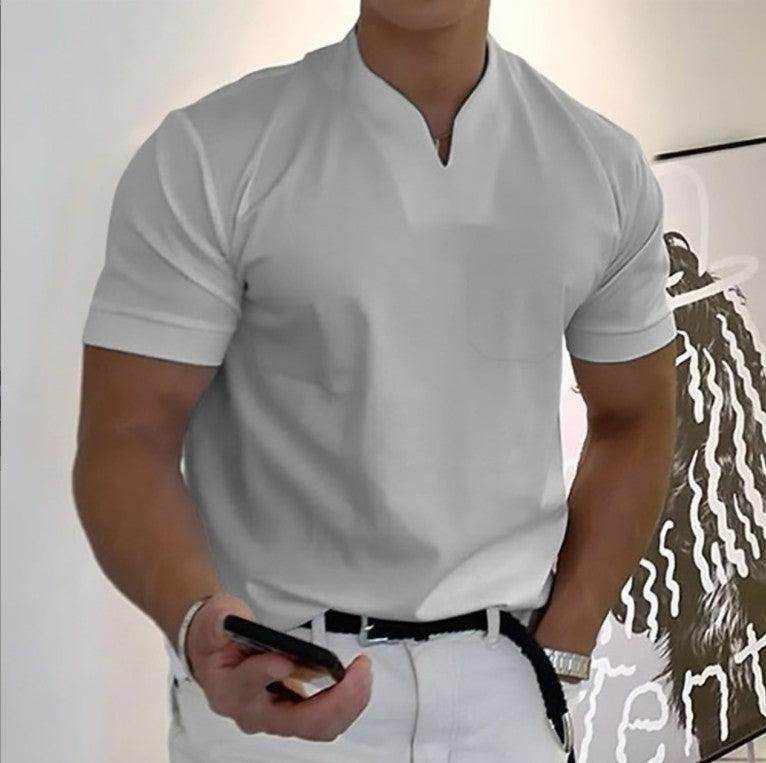 Men's summer short sleeve fitness shirt with pocket in various colors and plus sizes