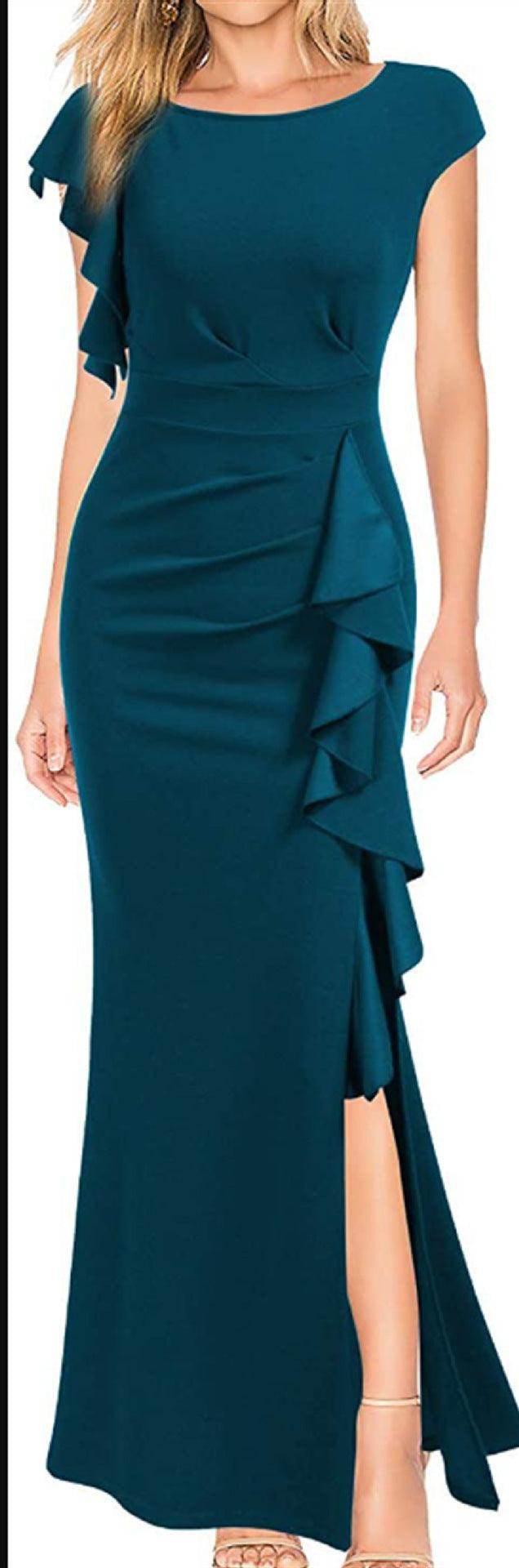 High Waist Slit Dress Elegant Fashion Round Neck Commuting Style Dress Evening Party Dress - Magellan Fashion Shop