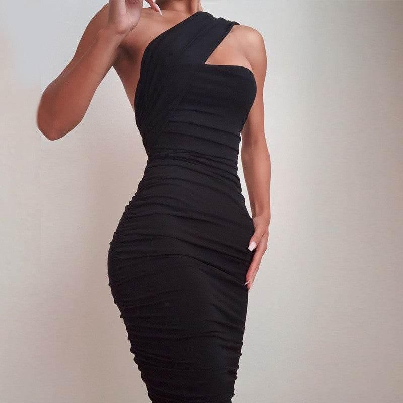 Black One Shoulder Draw Pleated Skinny Dress - Magellan Fashion Shop