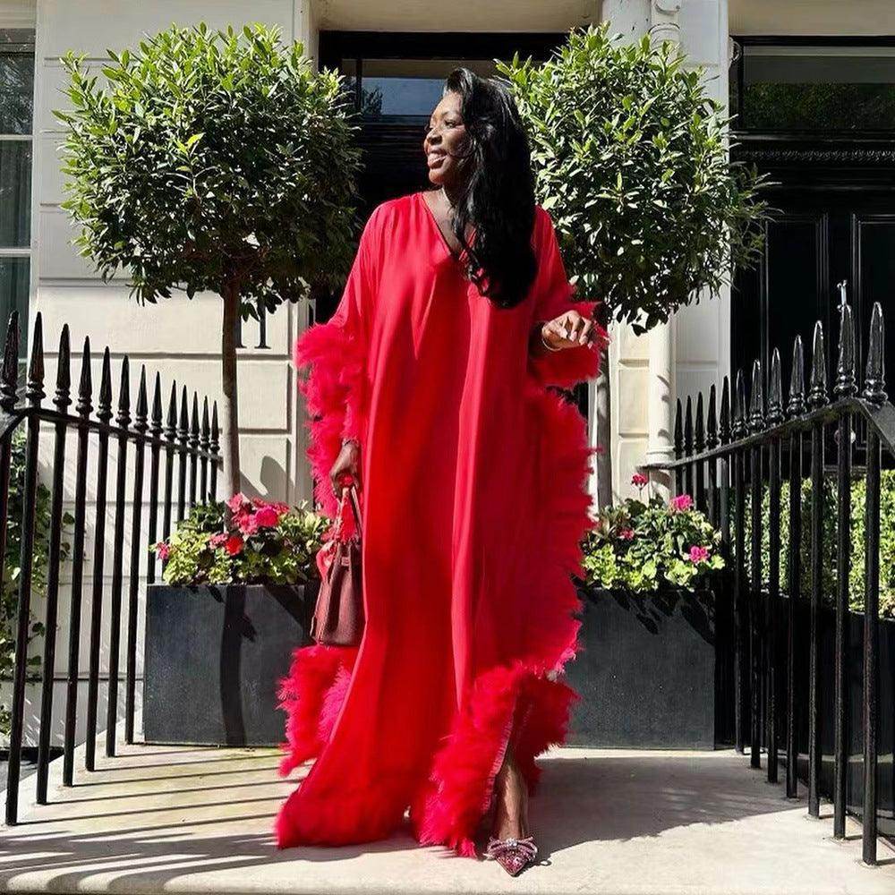 African Women's Loose Dress Luxury Fully Surrounded Light Feather Batwing Sleeve High Slit Robe - Magellan Fashion Shop