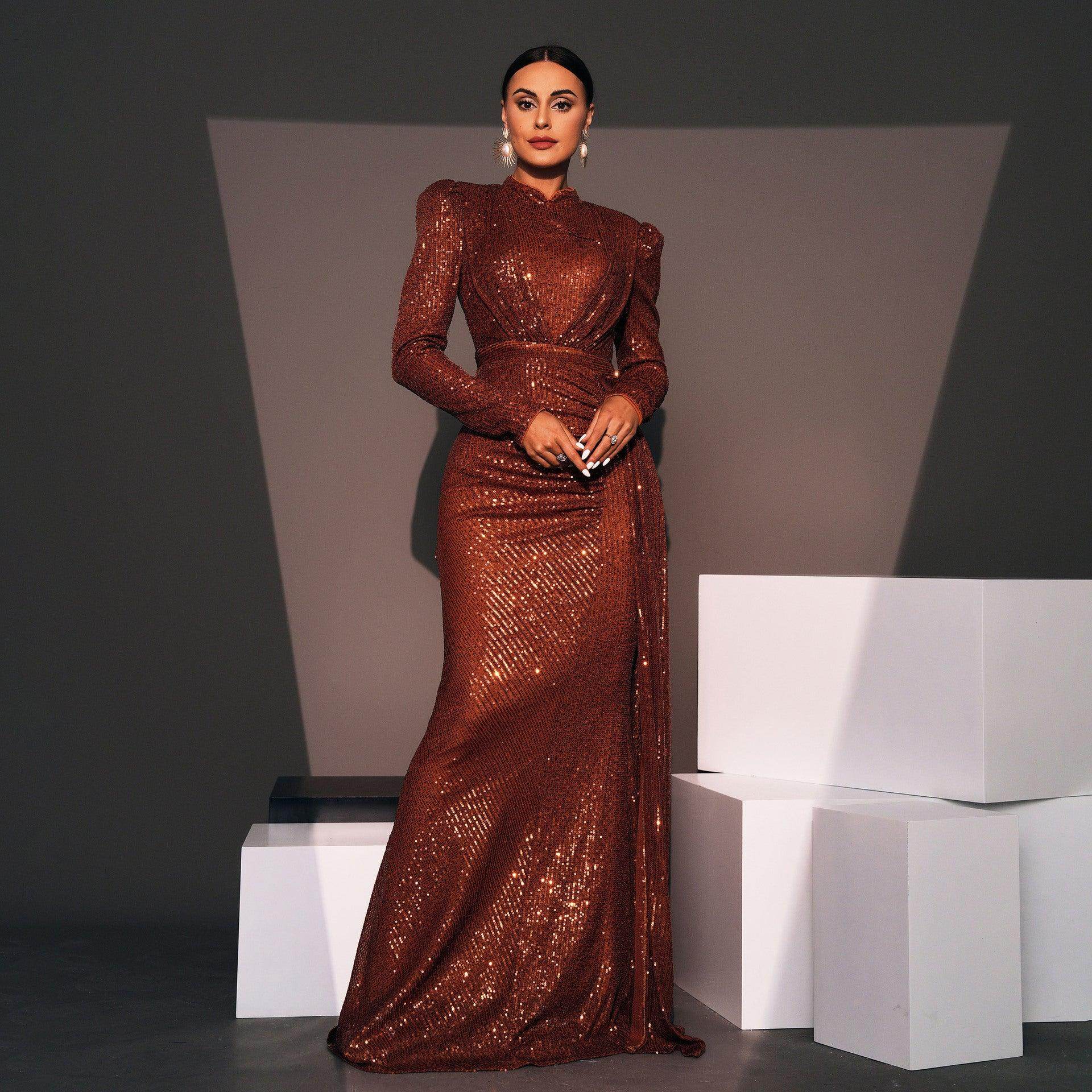 Long Sleeve Round Neck Sexy Slim Long Sequined Banquet Dress - Magellan Fashion Shop
