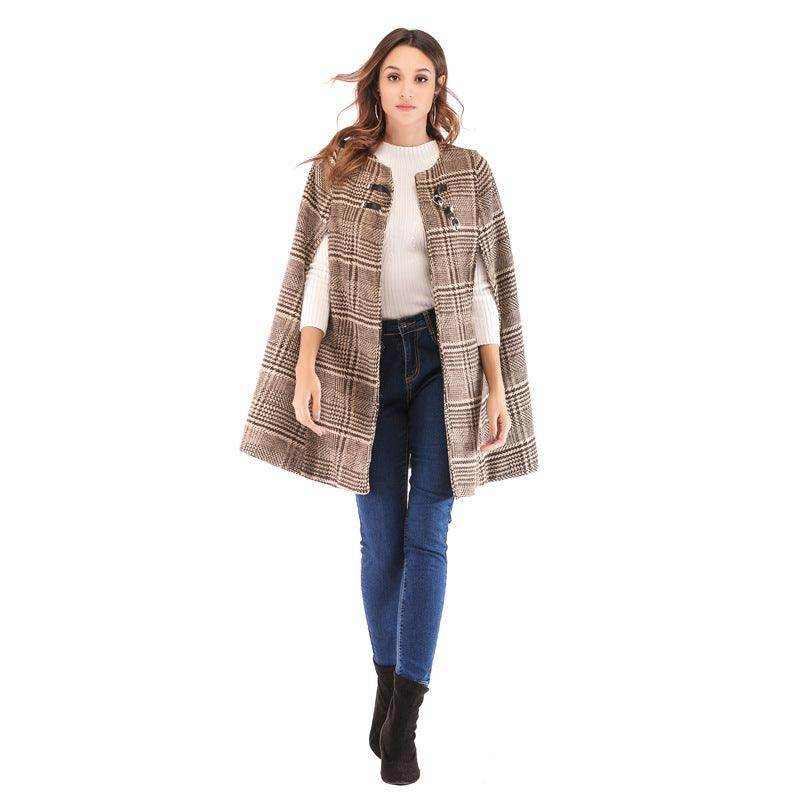 Women's plaid cape coat with leather buttons and polyester fabric