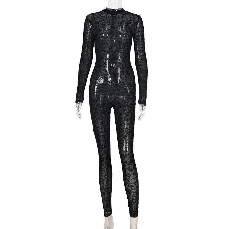 Women Flocked Jumpsuit With Hollow Zipper Perspective - Magellan Fashion Shop