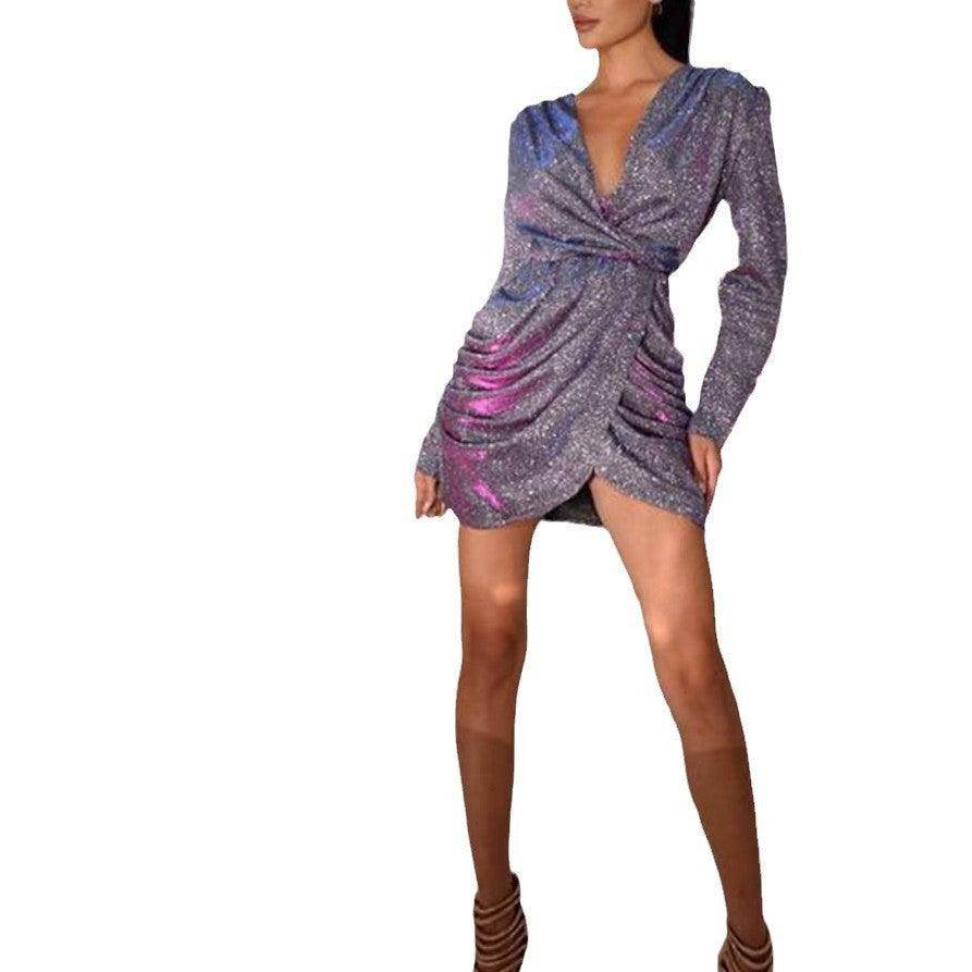 Sequin Skirt Long Sleeve V-neck Sequins Dress - Magellan Fashion Shop