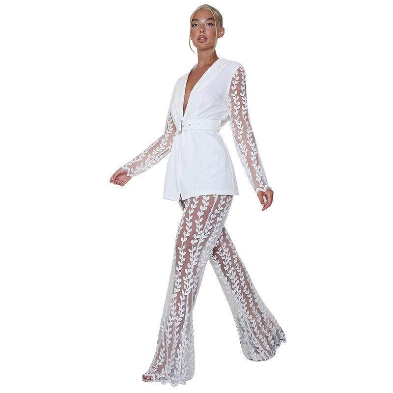 sleeved Top Bell-bottom Pants Suit Women Including Belt - Magellan Fashion Shop