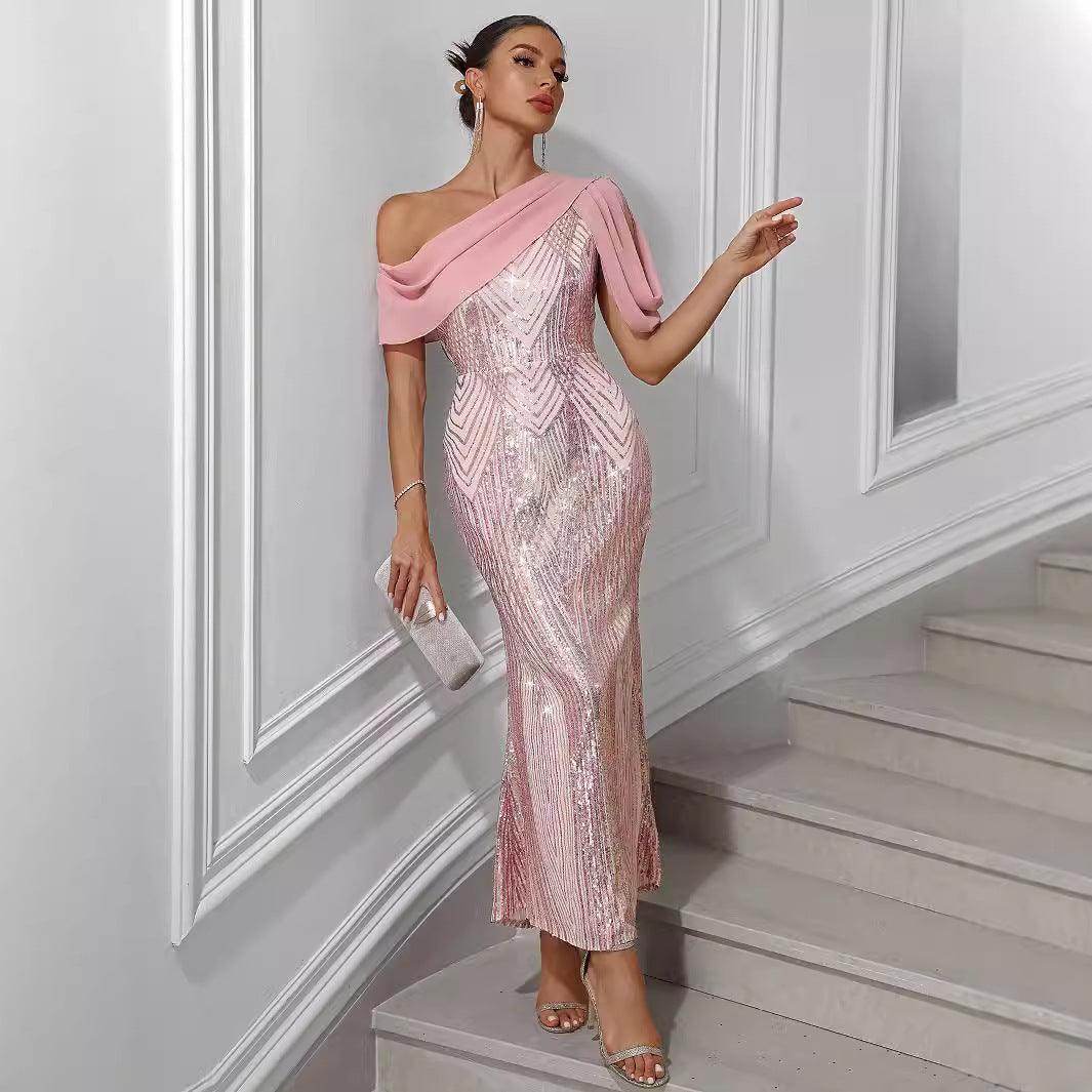 Dress One-shoulder Chiffon Stitching Sequined Dress - Magellan Fashion Shop