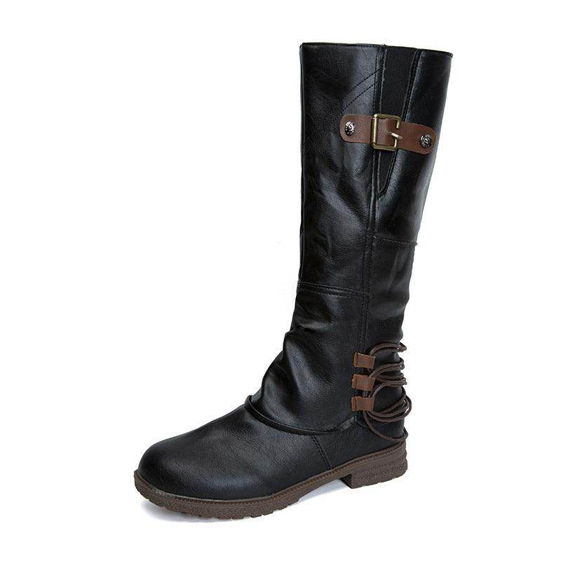 Fashion Casual Round Toe Square Heel Women's High-top Fashion Leather Boots - Magellan Fashion Shop