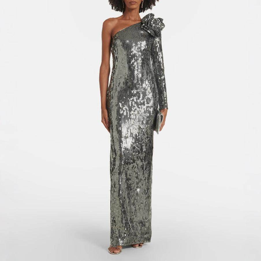Women's Fashionable Sequins Slant Shoulder Split Dress - Magellan Fashion Shop