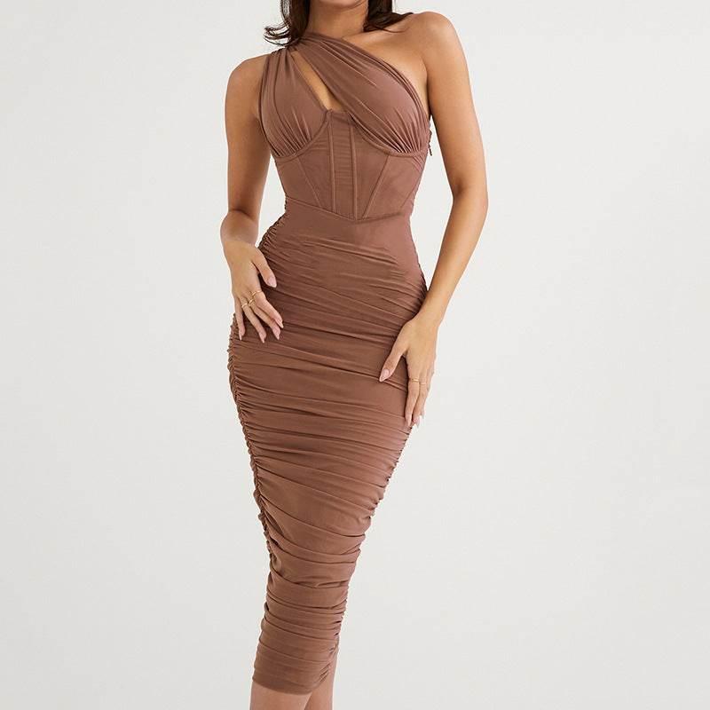 Summer Dress Lady Oblique Shoulder Hollow - Magellan Fashion Shop