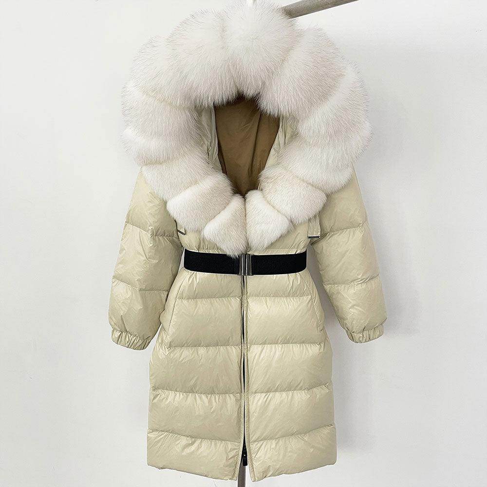 Women's Long Cinched Hoodie Real Fox Collar Fur Down Jacket Coat - Magellan Fashion Shop