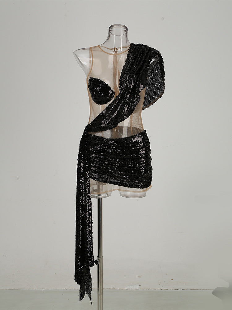 Sexy See-through Sequins  Shoulder Stitching Dress