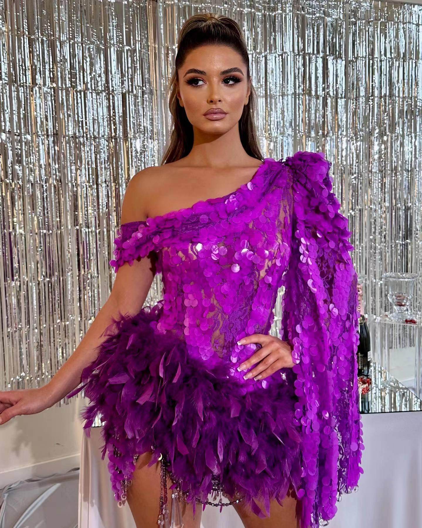 Sequined Feather Skirt One-shoulder Sleeve Short Dress Luxury Party Stage Performance Dress - Magellan Fashion Shop
