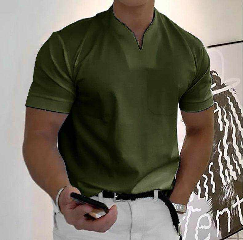 Men's summer short sleeve fitness shirt with elastic cotton and pocket, available in plus sizes