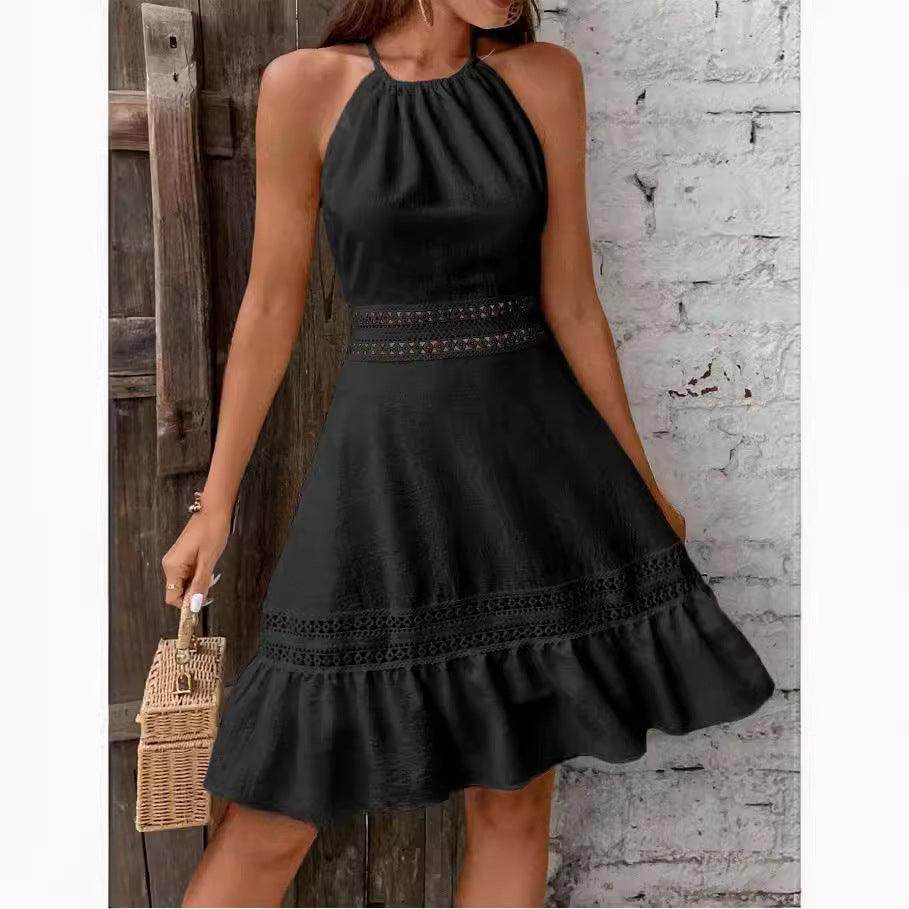 Solid Color Hollow Lace Stitched Backless Halter Lace-up Mini Skirt - Magellan Fashion Shop