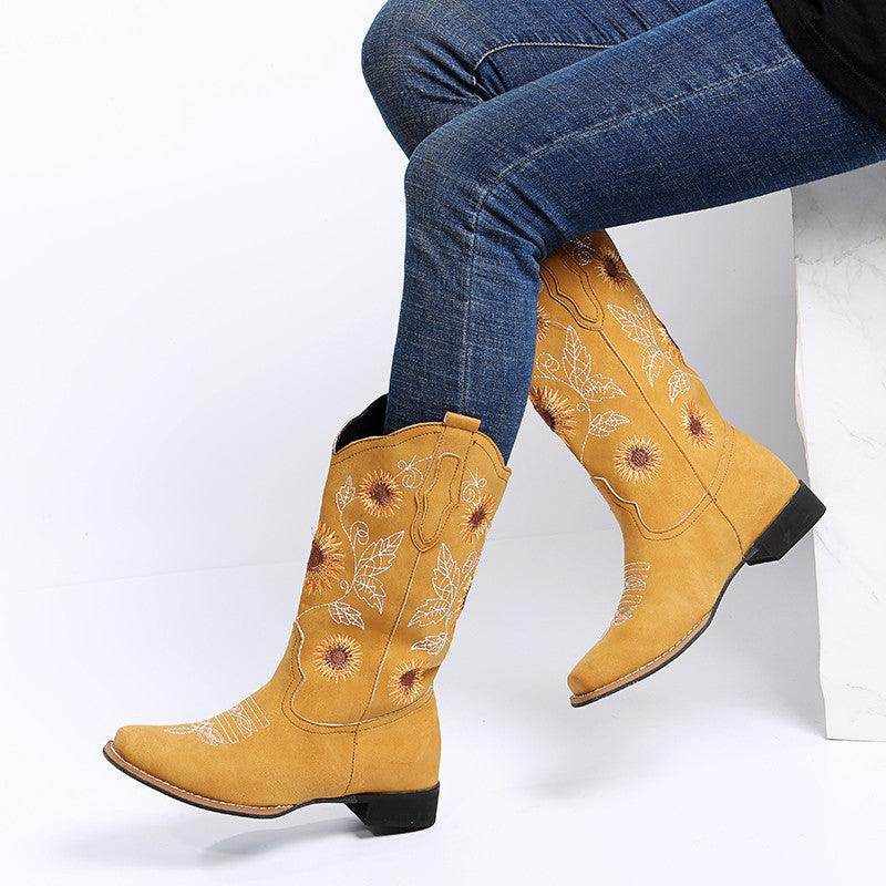Cowboy Boots Women Sunflower Embroidery Shoes Low Heel Western Boot - Magellan Fashion Shop