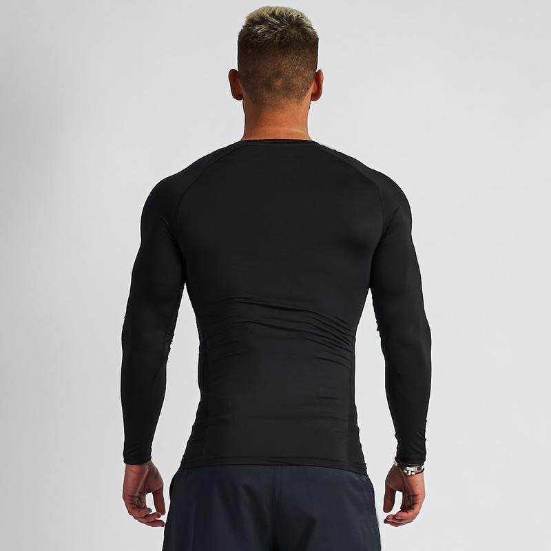 Quick drying fitness stretch long sleeved slim fit pullover shirt for men in white and black colors