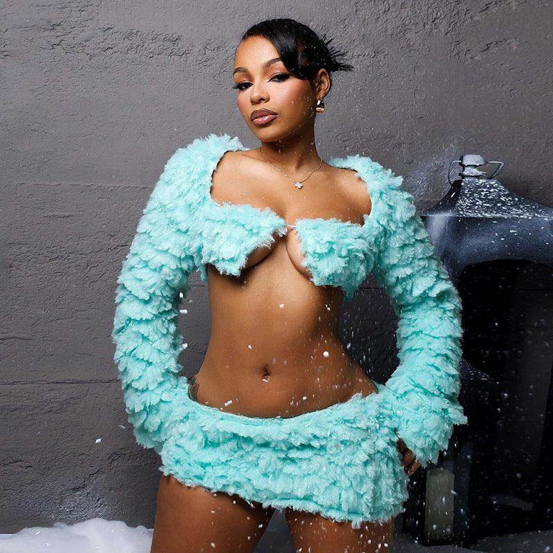 Wrapped Chest Long Sleeve Furry Coat Skirt Outfit - Magellan Fashion Shop