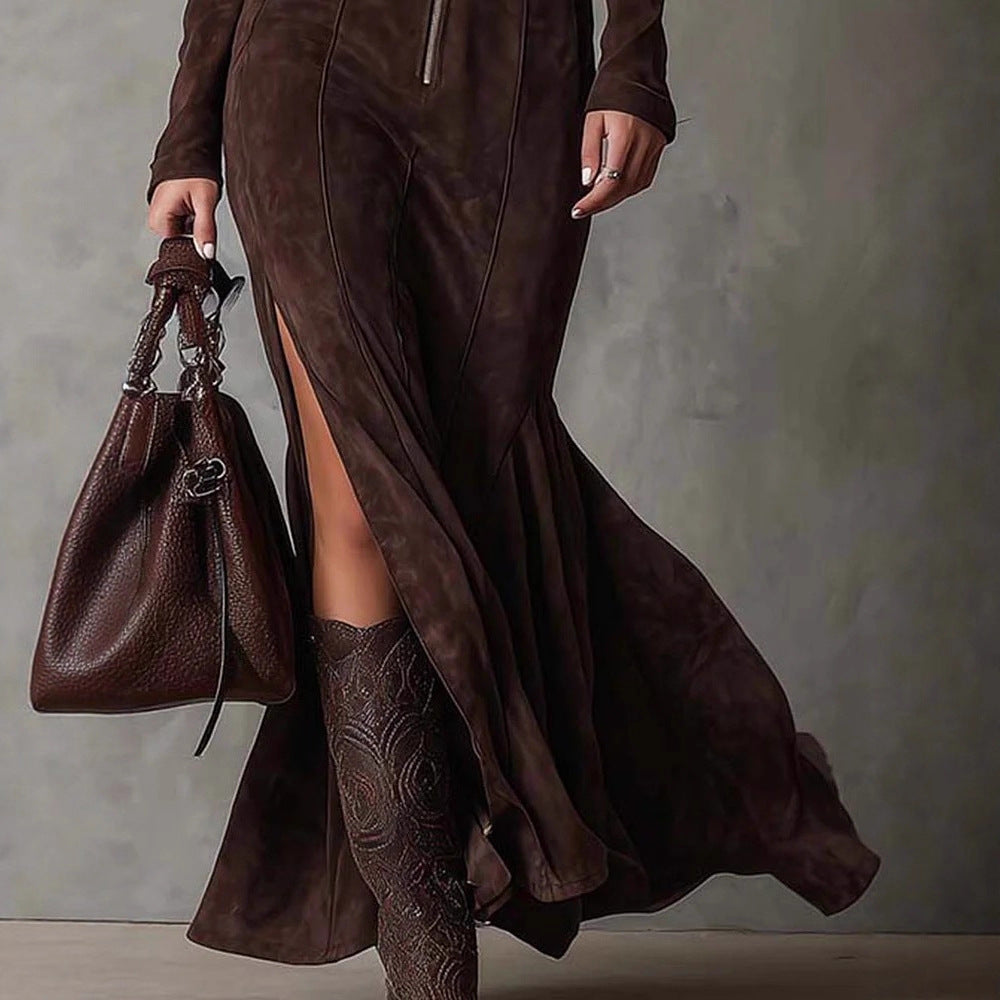 Slim Zipper Dress Elegant Temperament Split Long-sleeved Dresses