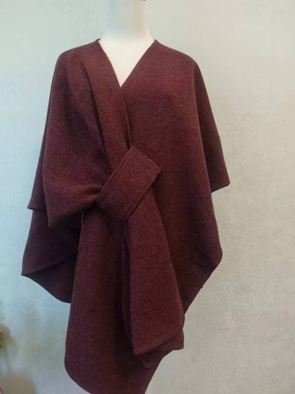 Fur Collar Fur Ball Knitted Cardigan Cape And Shawl