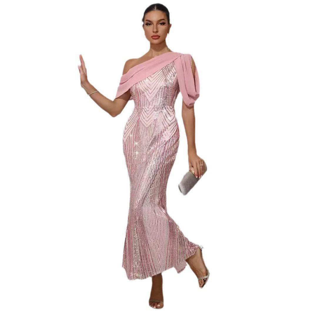 Dress One-shoulder Chiffon Stitching Sequined Dress - Magellan Fashion Shop
