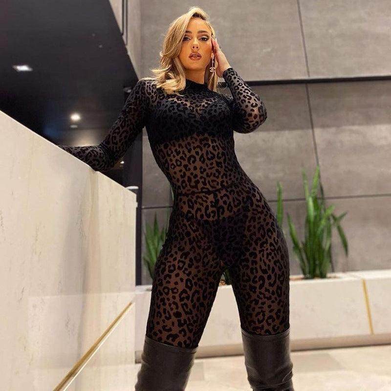 Women Flocked Jumpsuit With Hollow Zipper Perspective - Magellan Fashion Shop