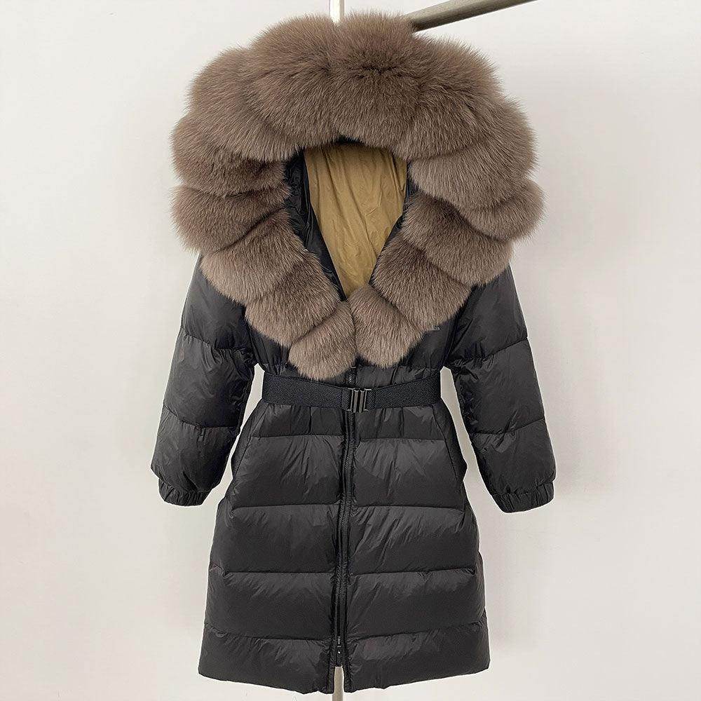 Women's Long Cinched Hoodie Real Fox Collar Fur Down Jacket Coat - Magellan Fashion Shop