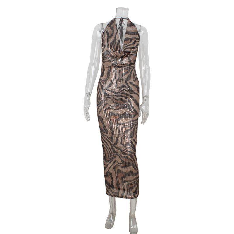 Sleeveless Halter Deep V Leopard Print Dress - Magellan Fashion Shop