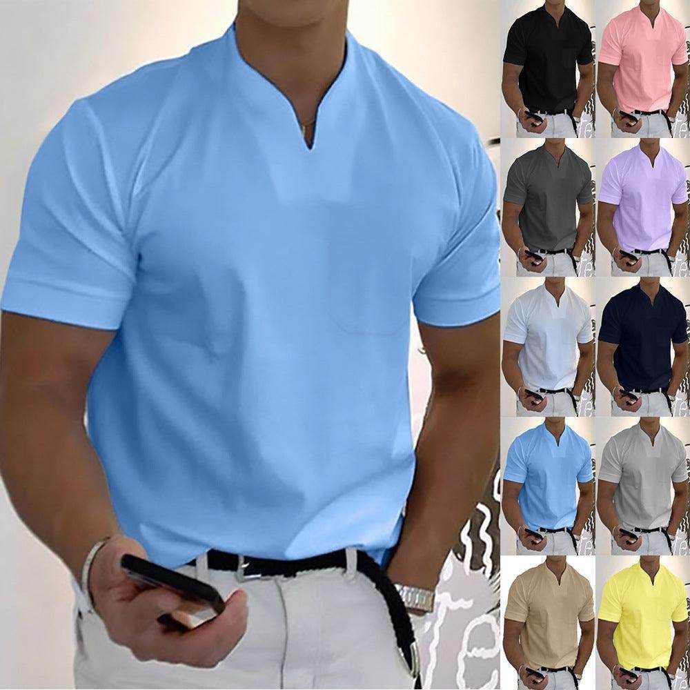Men's summer short sleeve fitness shirt with elastic cotton pocket in various colors and plus sizes