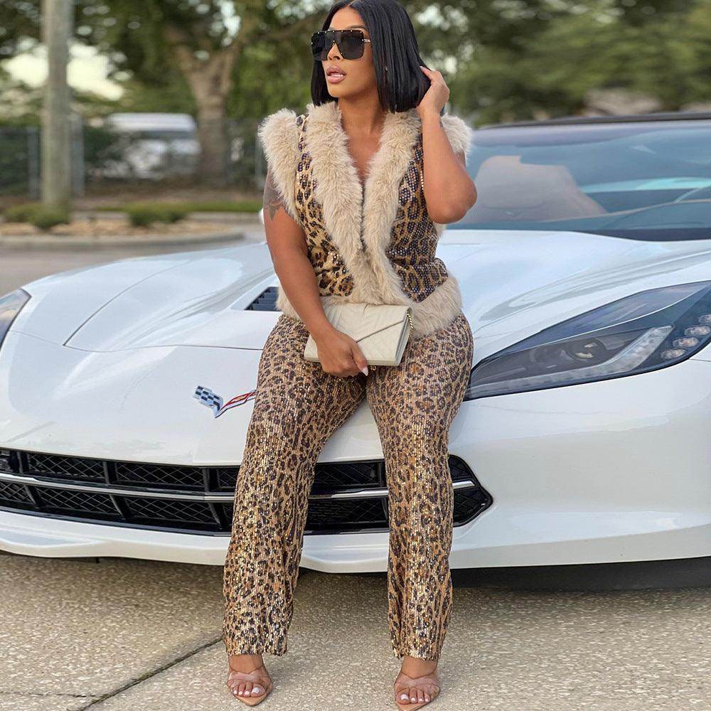 Women's Casual Leopard Print Sequined Two-piece Suit - Magellan Fashion Shop