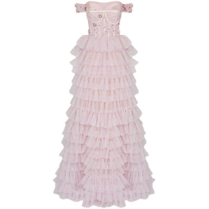 One-line Shoulder Wipe Chest Studded Beaded Cake Skirt Pink Wedding Dress - Magellan Fashion Shop