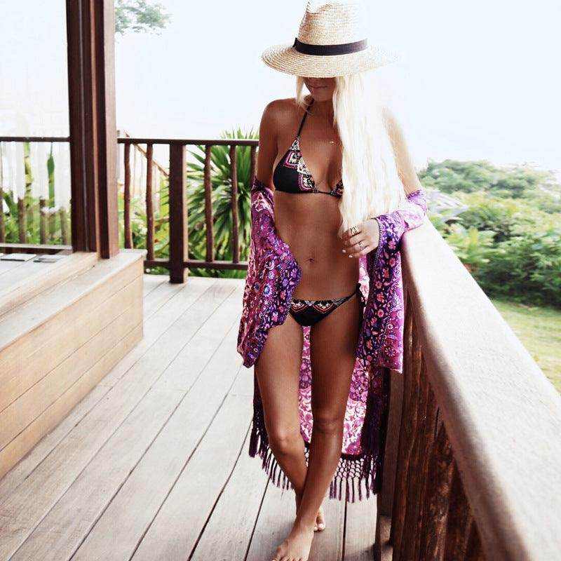 Purple chiffon beach resort wear bikini with floral pattern and lightweight fabric