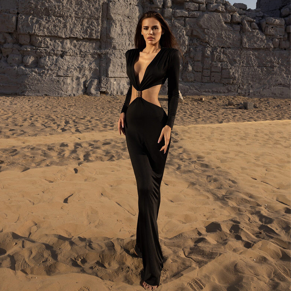 Elegant Deep V Long Sleeve Dress Sexy Cutout - Magellan Fashion Shop