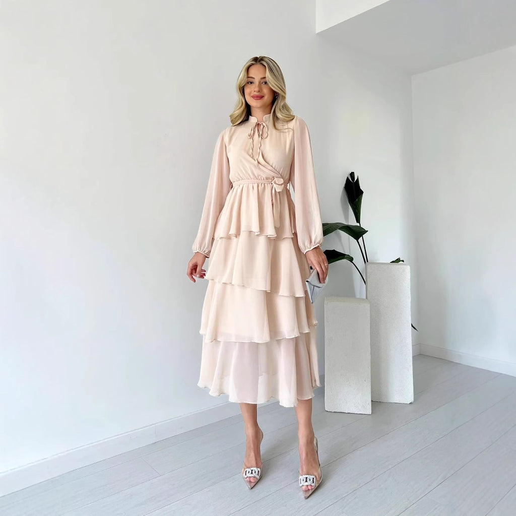 Solid Color Long Sleeve Lace-up Elegant Dress - Magellan Fashion Shop