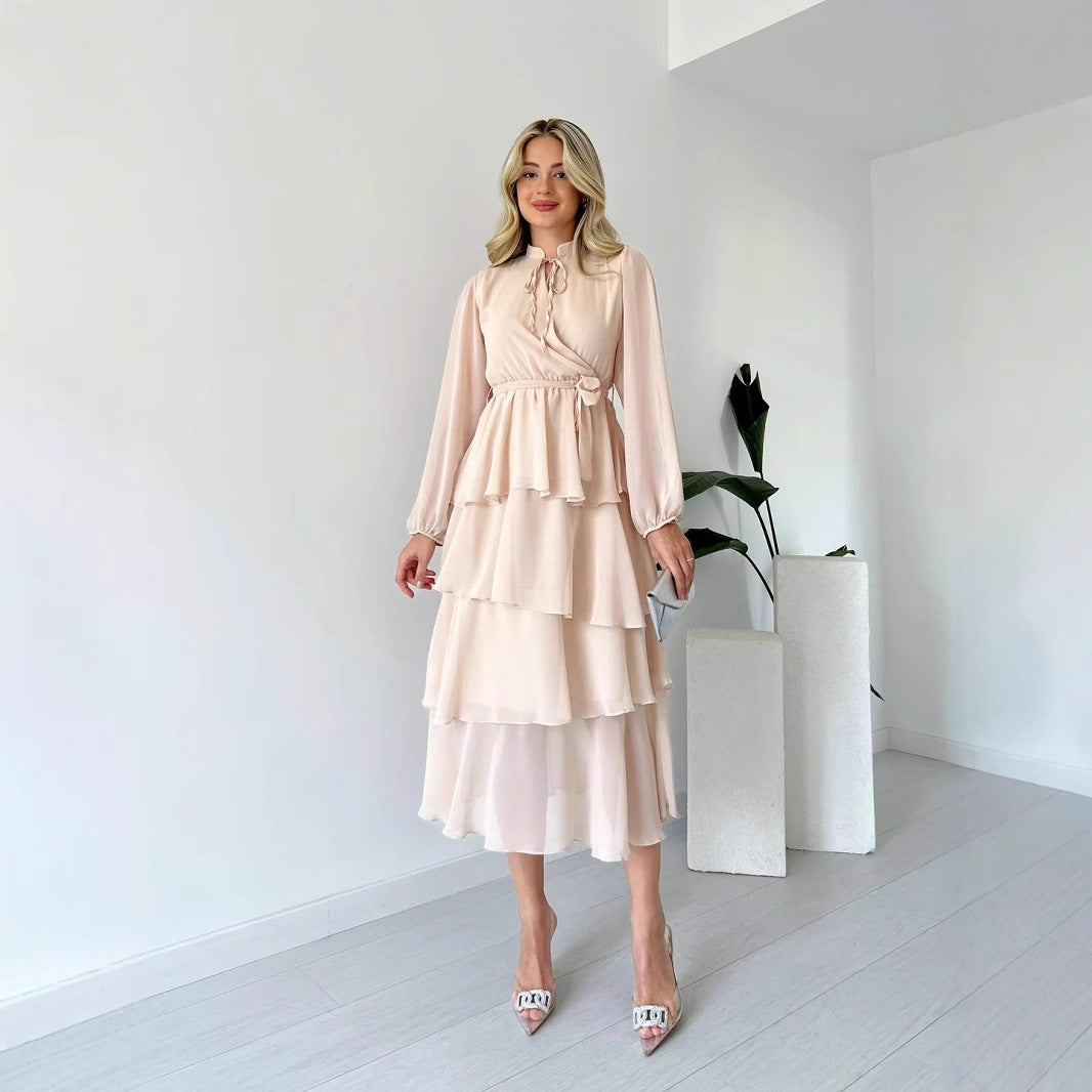Solid Color Long Sleeve Lace-up Elegant Dress - Magellan Fashion Shop