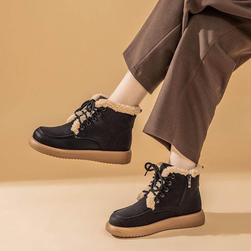Lace-up Plush Snow Boots Winter Warm Fleece Flat Shoes For Women Fashion Casual Ankle Boot - Magellan Fashion Shop