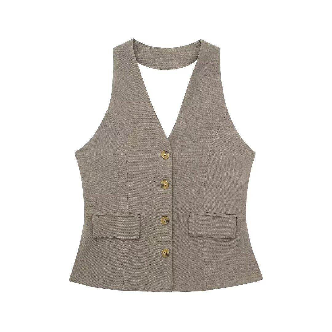 Pleated Wide Leg Pants Backless Hanging Collar Vest - Magellan Fashion Shop
