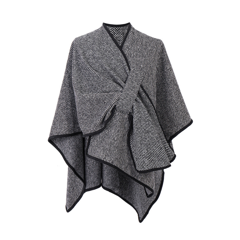 New Women's Black Buckle Striped Shawl
